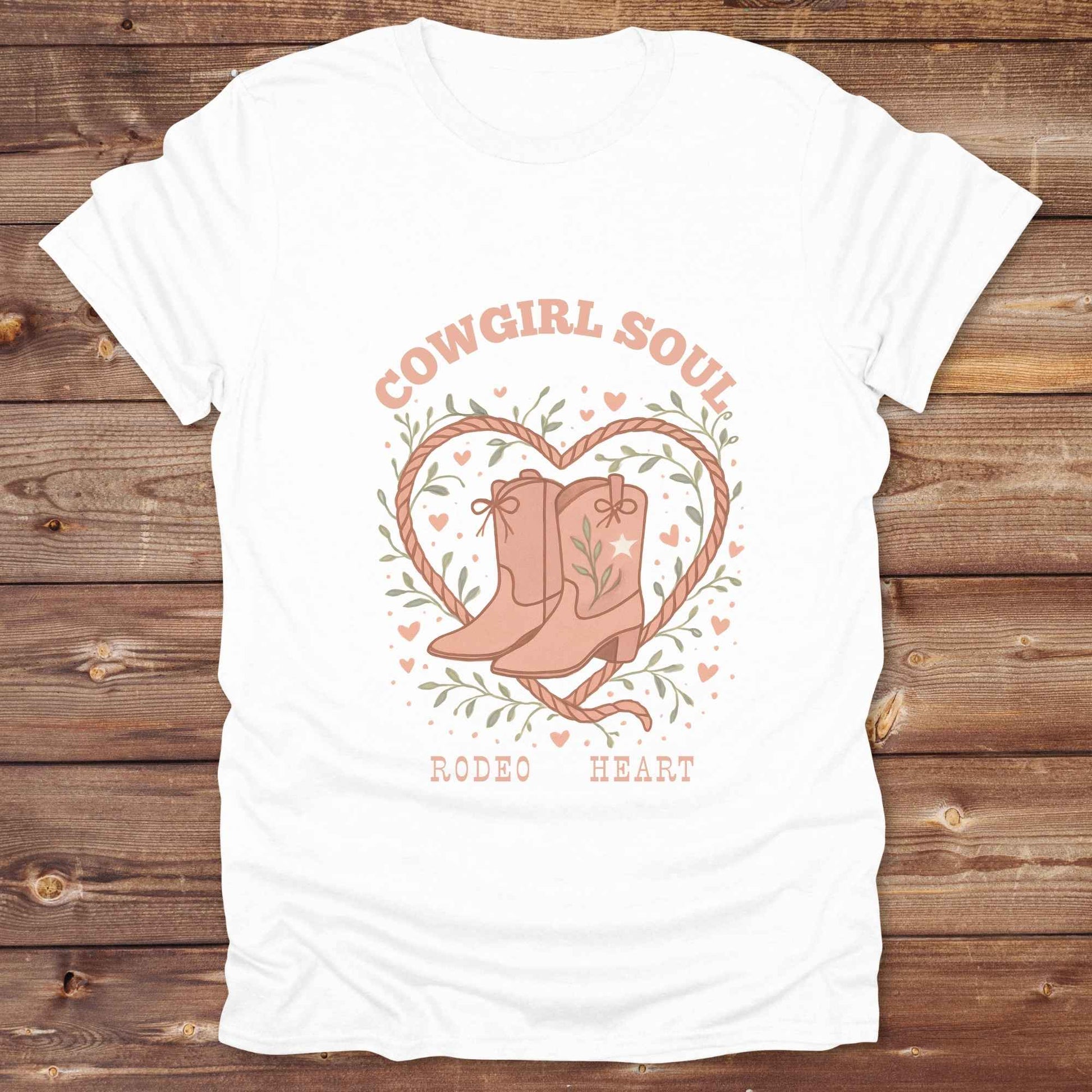 Cowgirl Soul with Cowboy Boots. Fun western t-shirt featuring horse themed design for cowgirls, cowboys, and equestrians — perfect for rodeo lovers, rustic style fans, and horse people. Unique graphic tee by Lasso and Loom.