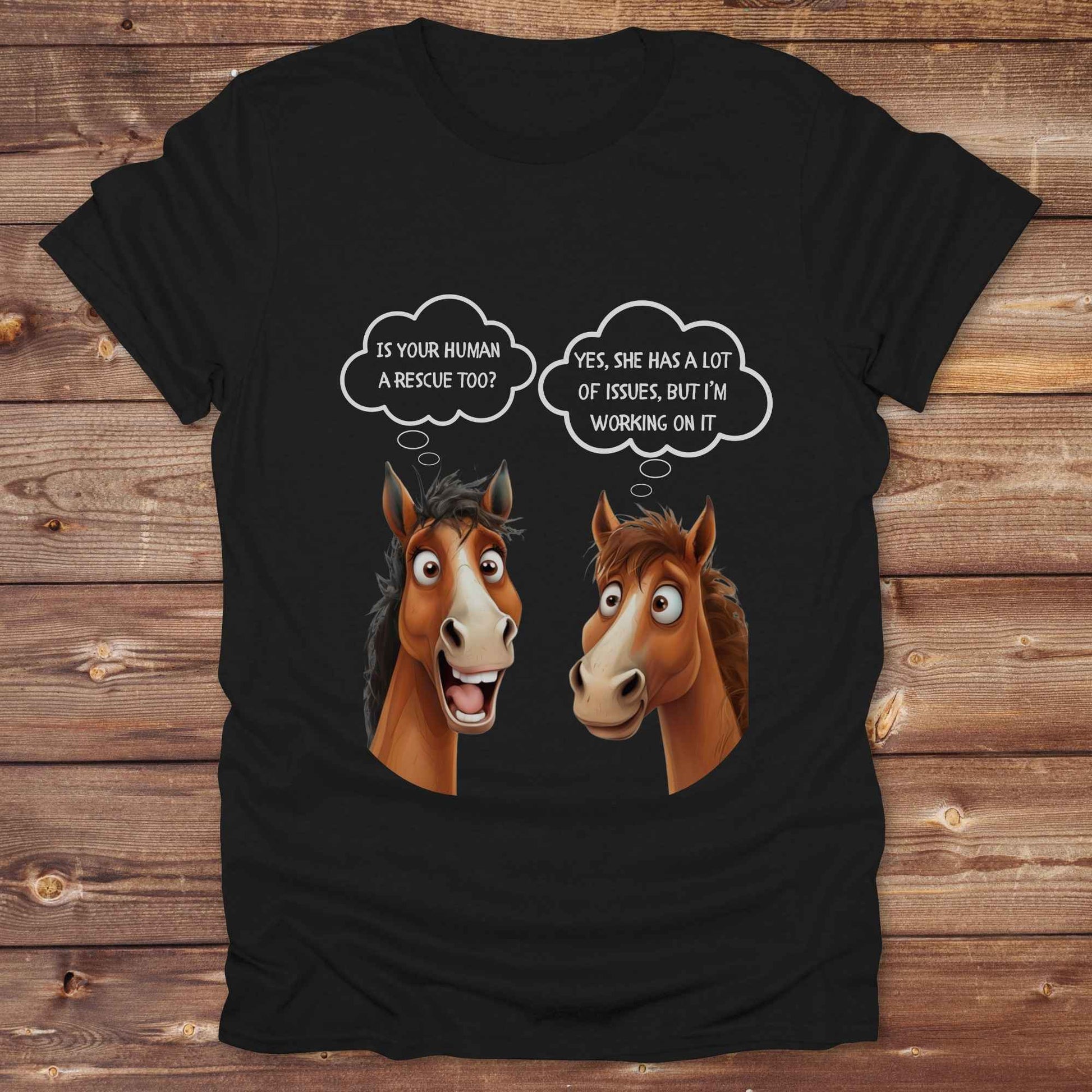 Fun western t-shirt for horse lovers and cowgirls. Western cowgirl graphic tee with horse design. Cowboy humor t-shirt for rodeo and country lovers. Horse lover funny t-shirt with western theme. Country style horse graphic tee for cowboys and cowgirls. Retro style funny western shirt for equestrians. Cute and funny country shirt with horse print. Southern cowgirl funny quote shirt for horse lovers. Is your human a rescue? Yes, she has a lot of issues, but I'm working on it.