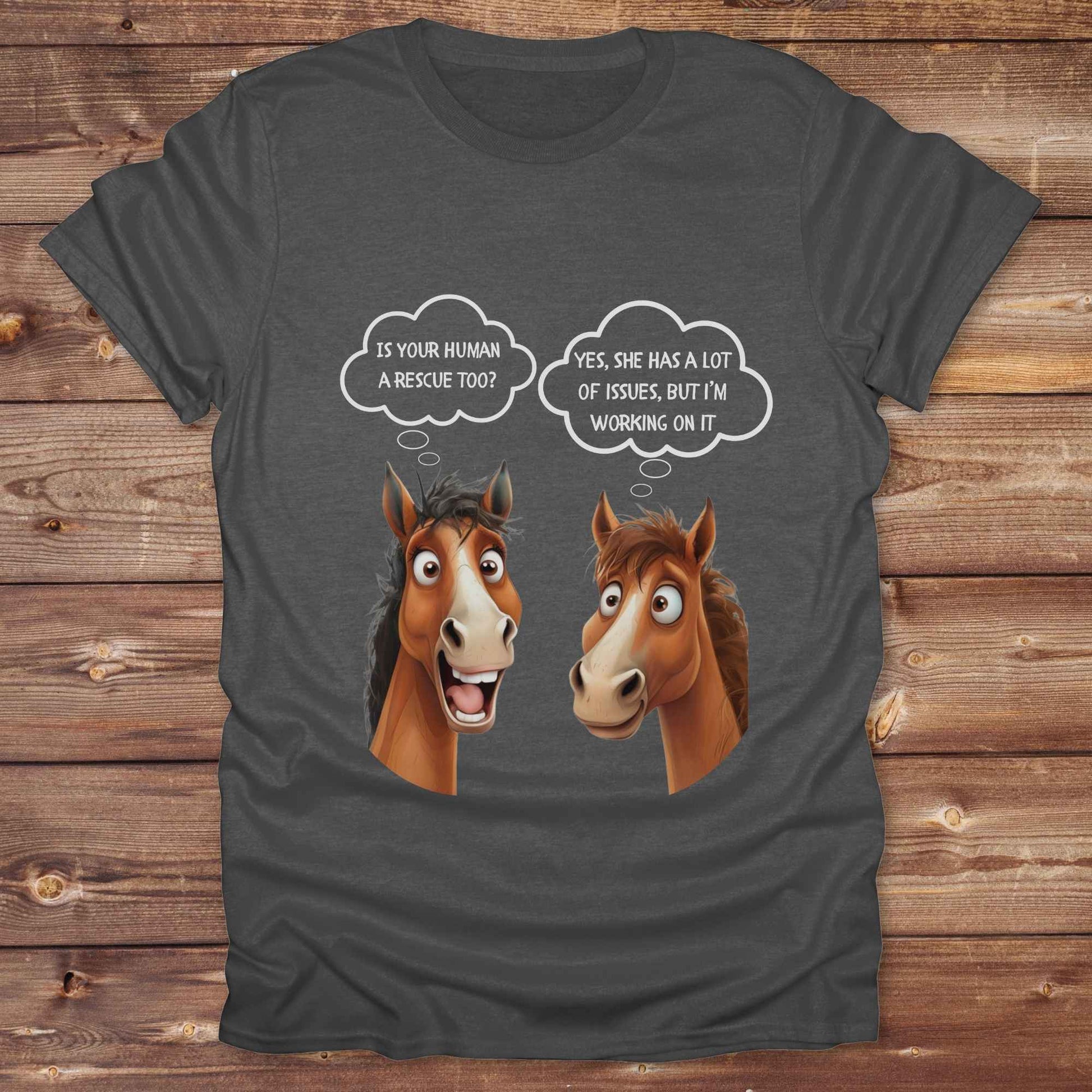 Fun western t-shirt for horse lovers and cowgirls. Western cowgirl graphic tee with horse design. Cowboy humor t-shirt for rodeo and country lovers. Horse lover funny t-shirt with western theme. Country style horse graphic tee for cowboys and cowgirls. Retro style funny western shirt for equestrians. Cute and funny country shirt with horse print. Southern cowgirl funny quote shirt for horse lovers. Is your human a rescue? Yes, she has a lot of issues, but I'm working on it.