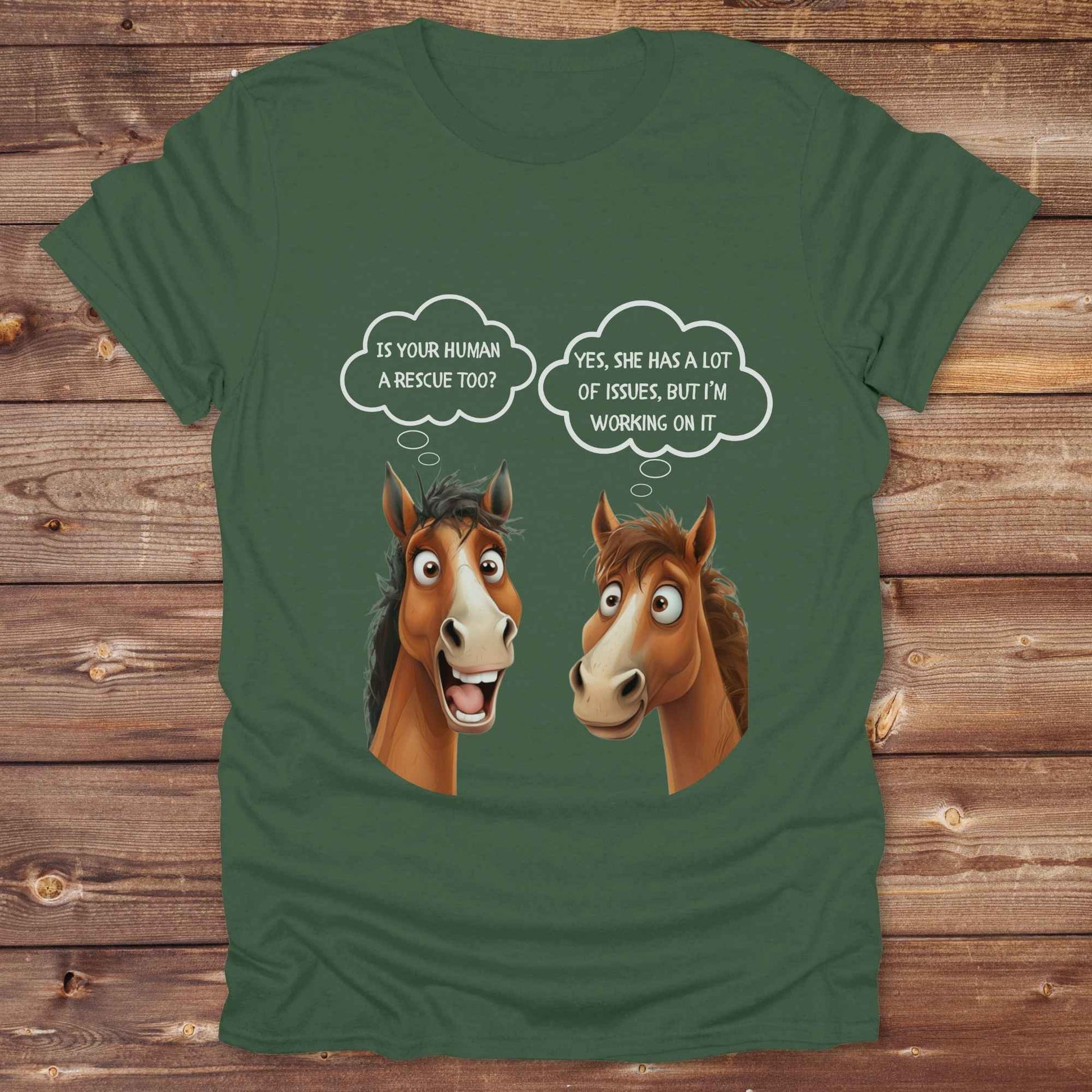 Fun western t-shirt for horse lovers and cowgirls. Western cowgirl graphic tee with horse design. Cowboy humor t-shirt for rodeo and country lovers. Horse lover funny t-shirt with western theme. Country style horse graphic tee for cowboys and cowgirls. Retro style funny western shirt for equestrians. Cute and funny country shirt with horse print. Southern cowgirl funny quote shirt for horse lovers. Is your human a rescue? Yes, she has a lot of issues, but I'm working on it.