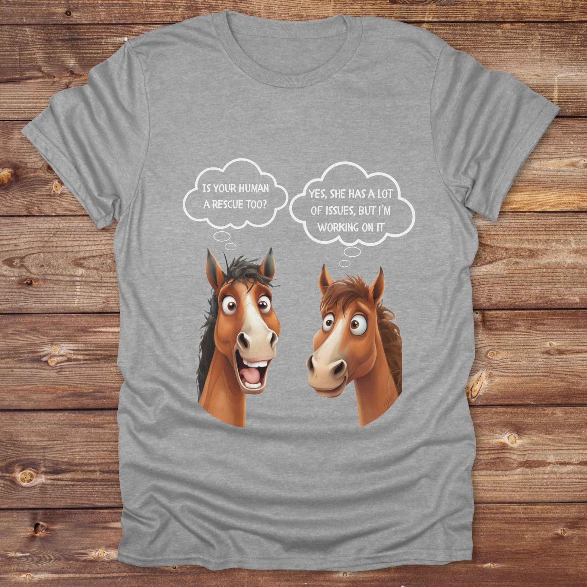 Fun western t-shirt for horse lovers and cowgirls. Western cowgirl graphic tee with horse design. Cowboy humor t-shirt for rodeo and country lovers. Horse lover funny t-shirt with western theme. Country style horse graphic tee for cowboys and cowgirls. Retro style funny western shirt for equestrians. Cute and funny country shirt with horse print. Southern cowgirl funny quote shirt for horse lovers. Is your human a rescue? Yes, she has a lot of issues, but I'm working on it.