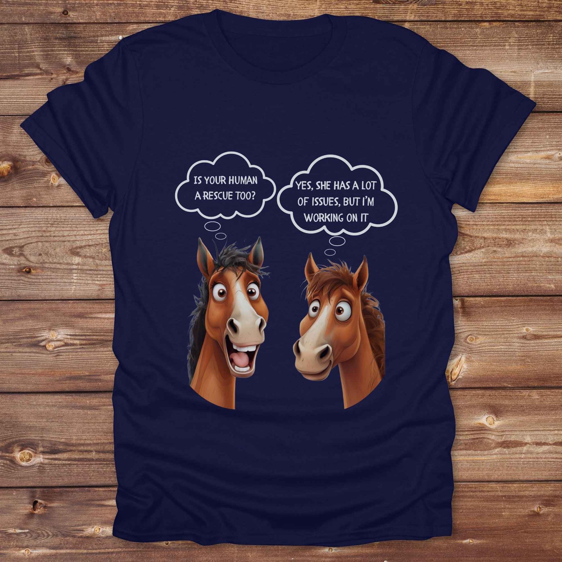 Fun western t-shirt for horse lovers and cowgirls. Western cowgirl graphic tee with horse design. Cowboy humor t-shirt for rodeo and country lovers. Horse lover funny t-shirt with western theme. Country style horse graphic tee for cowboys and cowgirls. Retro style funny western shirt for equestrians. Cute and funny country shirt with horse print. Southern cowgirl funny quote shirt for horse lovers. Is your human a rescue? Yes, she has a lot of issues, but I'm working on it.