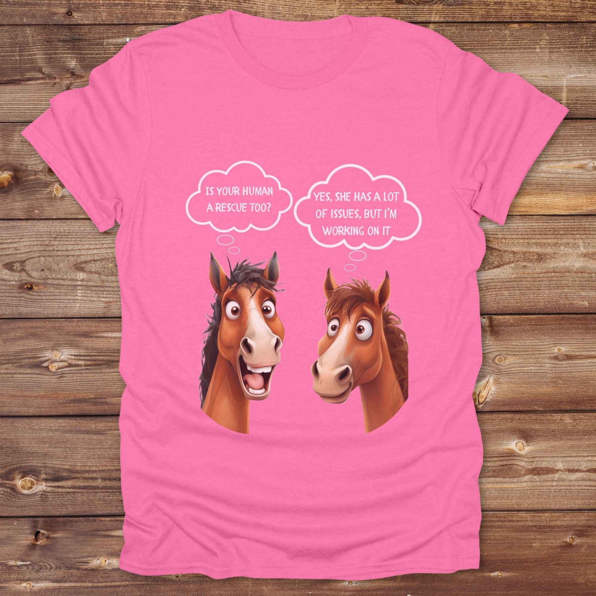 Fun western t-shirt for horse lovers and cowgirls. Western cowgirl graphic tee with horse design. Cowboy humor t-shirt for rodeo and country lovers. Horse lover funny t-shirt with western theme. Country style horse graphic tee for cowboys and cowgirls. Retro style funny western shirt for equestrians. Cute and funny country shirt with horse print. Southern cowgirl funny quote shirt for horse lovers. Is your human a rescue? Yes, she has a lot of issues, but I'm working on it.