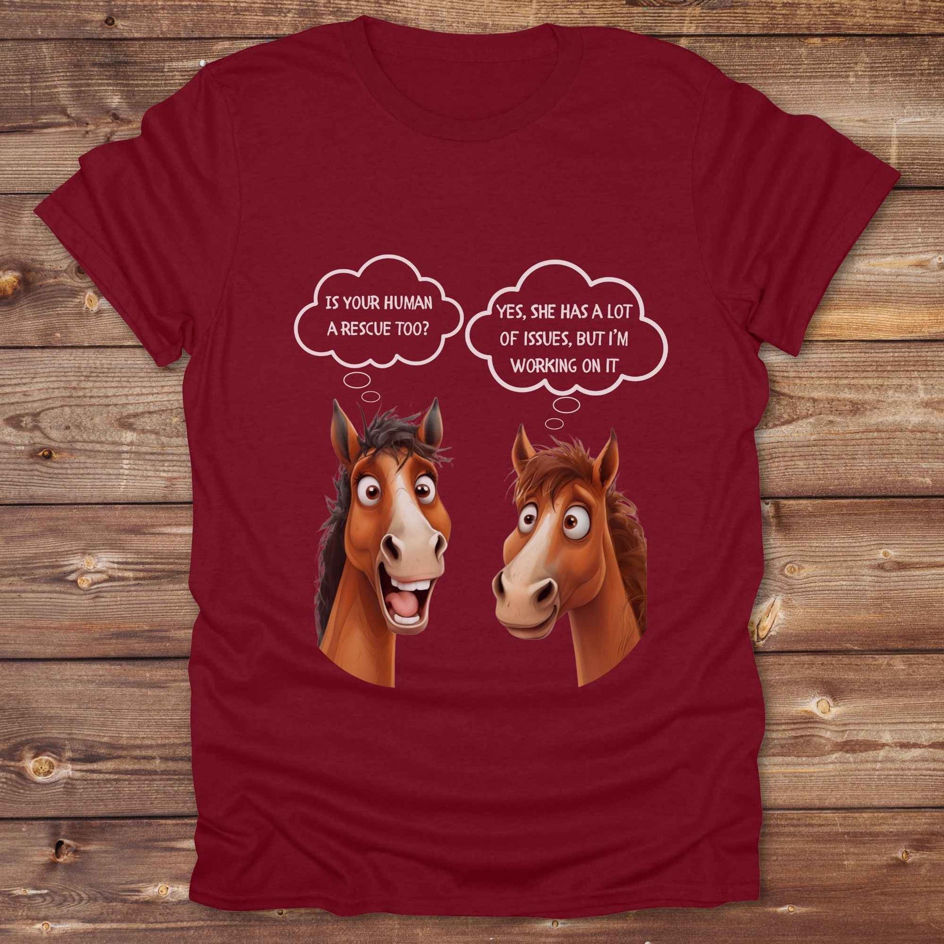 Fun western t-shirt for horse lovers and cowgirls. Western cowgirl graphic tee with horse design. Cowboy humor t-shirt for rodeo and country lovers. Horse lover funny t-shirt with western theme. Country style horse graphic tee for cowboys and cowgirls. Retro style funny western shirt for equestrians. Cute and funny country shirt with horse print. Southern cowgirl funny quote shirt for horse lovers. Is your human a rescue? Yes, she has a lot of issues, but I'm working on it.
