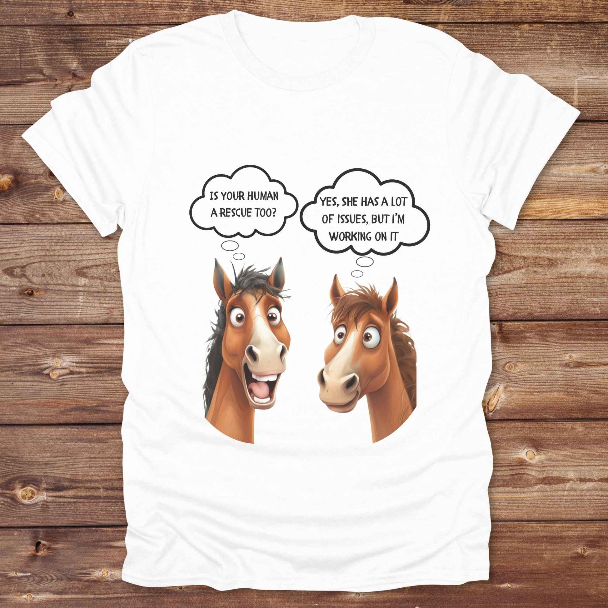 Fun western t-shirt for horse lovers and cowgirls. Western cowgirl graphic tee with horse design. Cowboy humor t-shirt for rodeo and country lovers. Horse lover funny t-shirt with western theme. Country style horse graphic tee for cowboys and cowgirls. Retro style funny western shirt for equestrians. Cute and funny country shirt with horse print. Southern cowgirl funny quote shirt for horse lovers. Is your human a rescue? Yes, she has a lot of issues, but I'm working on it.