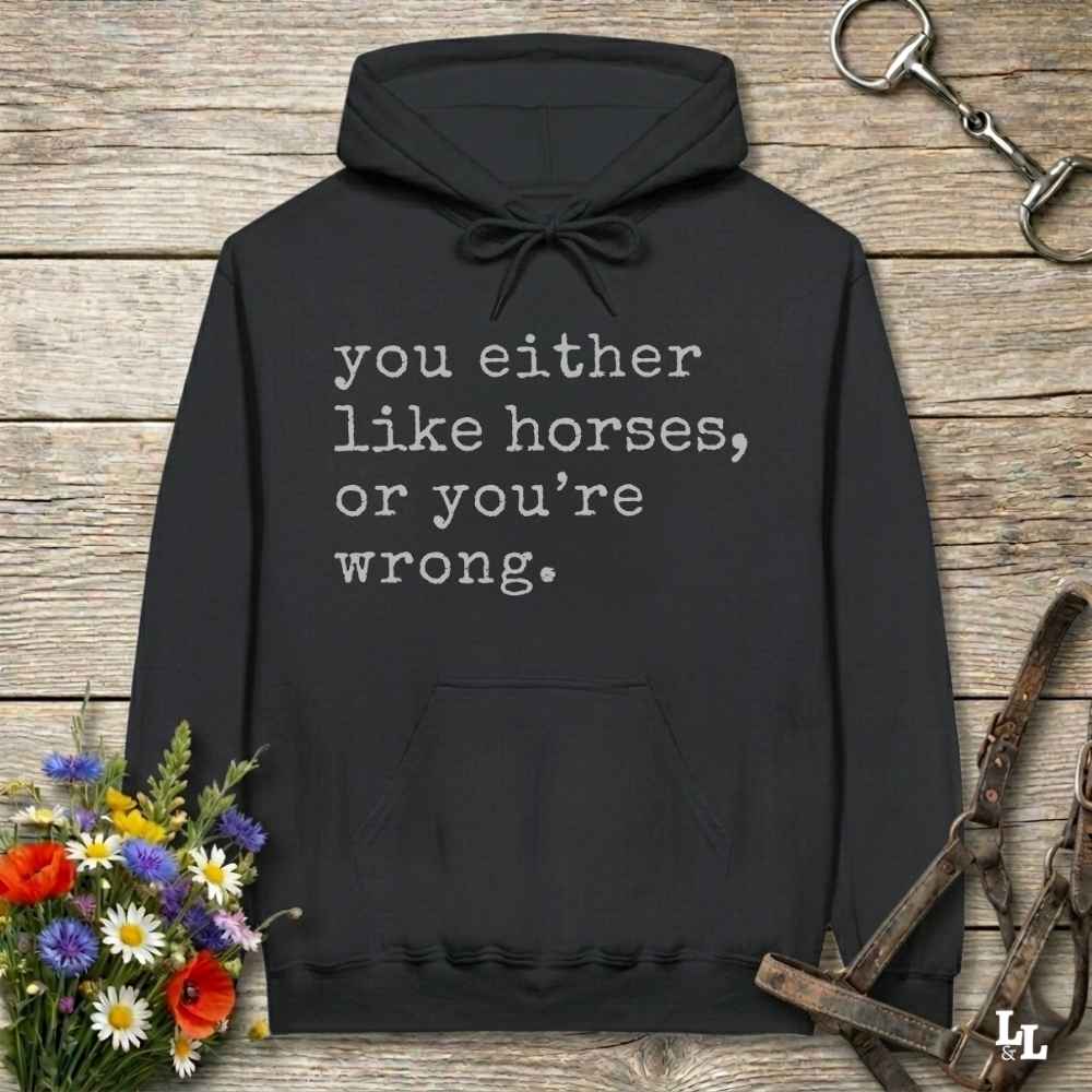 black You Either Like Horses or You're Wrong Hoodie for Horse Riders, Trail Riding Sweatshirt
