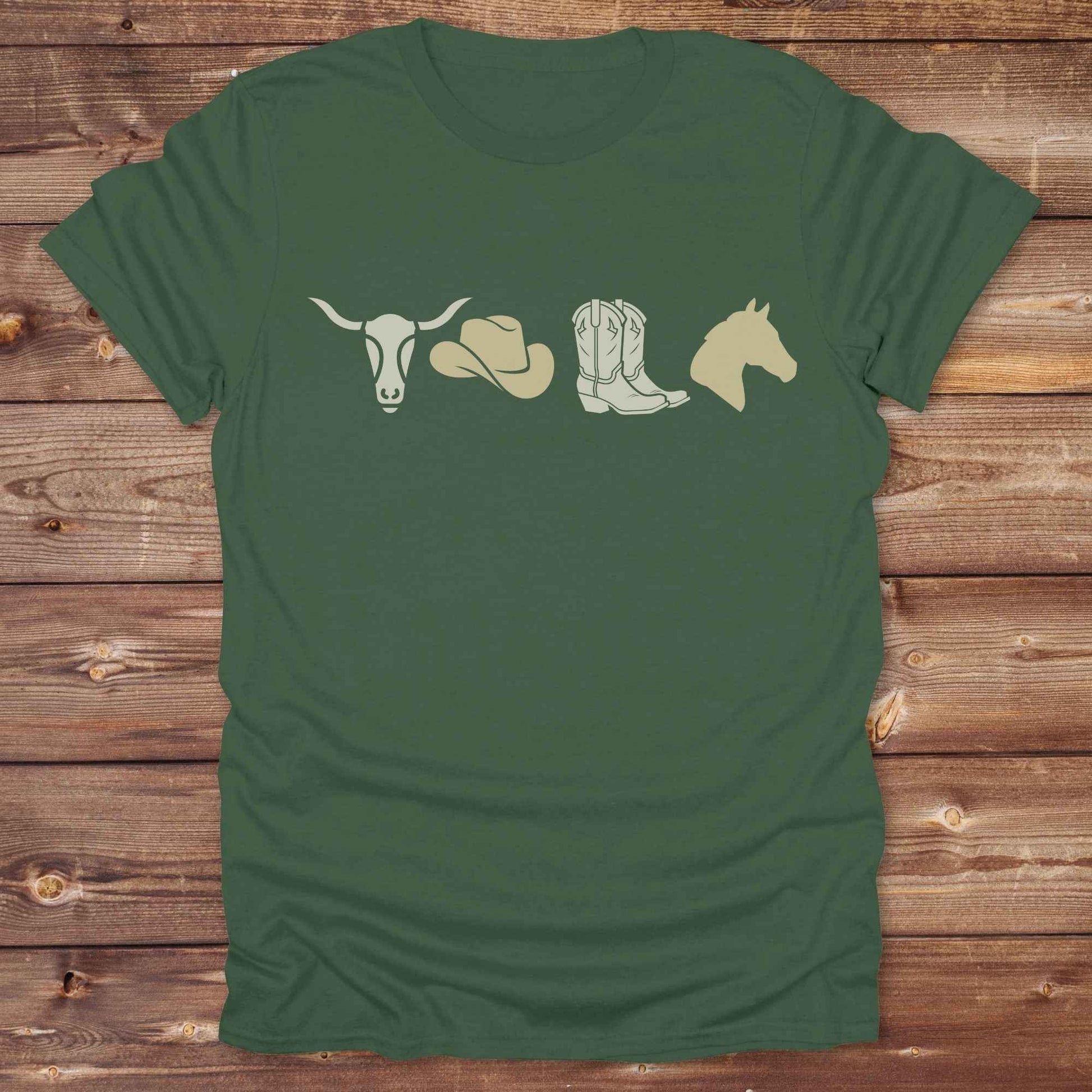 Embrace western vibes with this boho inspired graphic tee, featuring cowboy icons and perfect for horse lovers and rodeo fans. Designed for cowgirls, cowboys, and equestrian souls, Whether you're headed to the rodeo or relaxing at the ranch, this cowboy hat and boots tee adds a bold country aesthetic. Featuring a longhorn skull, cowboy hat, cowboy boots and horse.