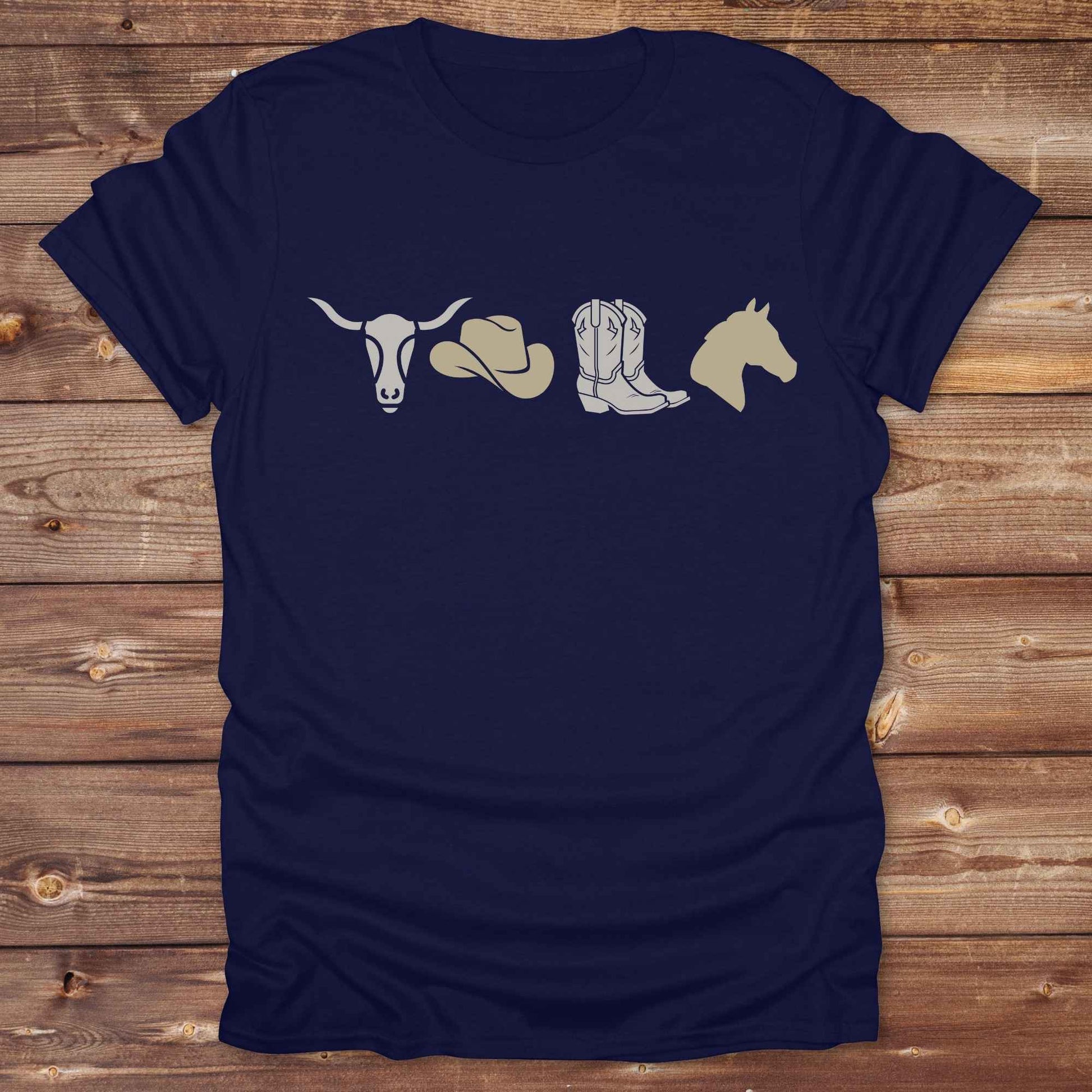 Embrace western vibes with this boho inspired graphic tee, featuring cowboy icons and perfect for horse lovers and rodeo fans. Designed for cowgirls, cowboys, and equestrian souls, Whether you're headed to the rodeo or relaxing at the ranch, this cowboy hat and boots tee adds a bold country aesthetic. Featuring a longhorn skull, cowboy hat, cowboy boots and horse.