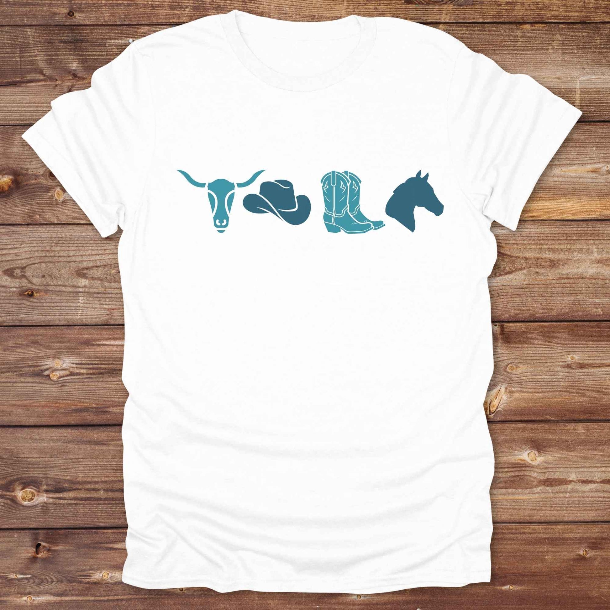 Embrace western vibes with this boho inspired graphic tee, featuring cowboy icons and perfect for horse lovers and rodeo fans. Designed for cowgirls, cowboys, and equestrian souls, Whether you're headed to the rodeo or relaxing at the ranch, this cowboy hat and boots tee adds a bold country aesthetic. Featuring a longhorn skull, cowboy hat, cowboy boots and horse.