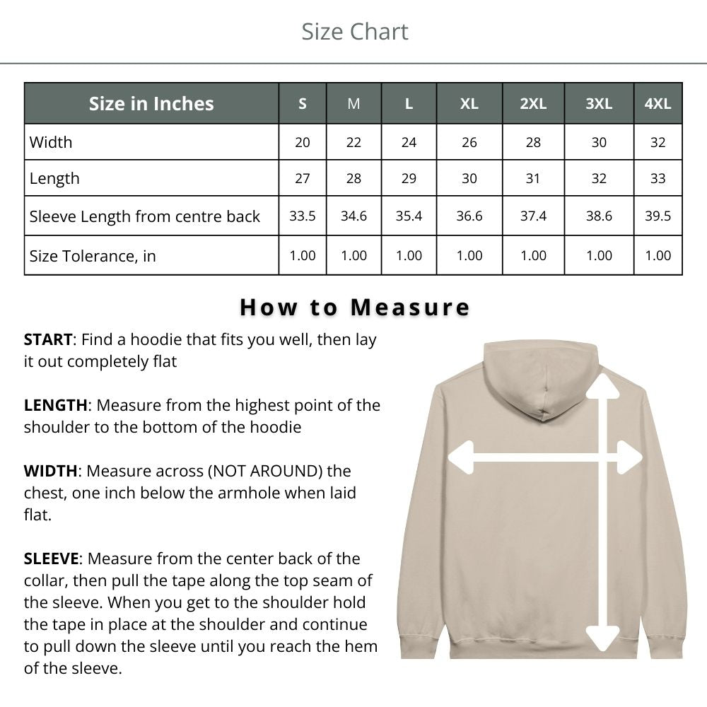 Size chart for a hoodie with measurements in inches and a visual of a beige hoodie.
