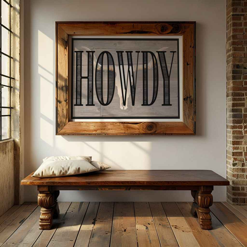 Western style wall art featuring bold "Howdy" typography over a rustic longhorn skull image on a wooden background. Printable cowboy aesthetic art with a bull skull and large "Howdy" lettering, ideal for farmhouse or country homes. Southwestern decor.