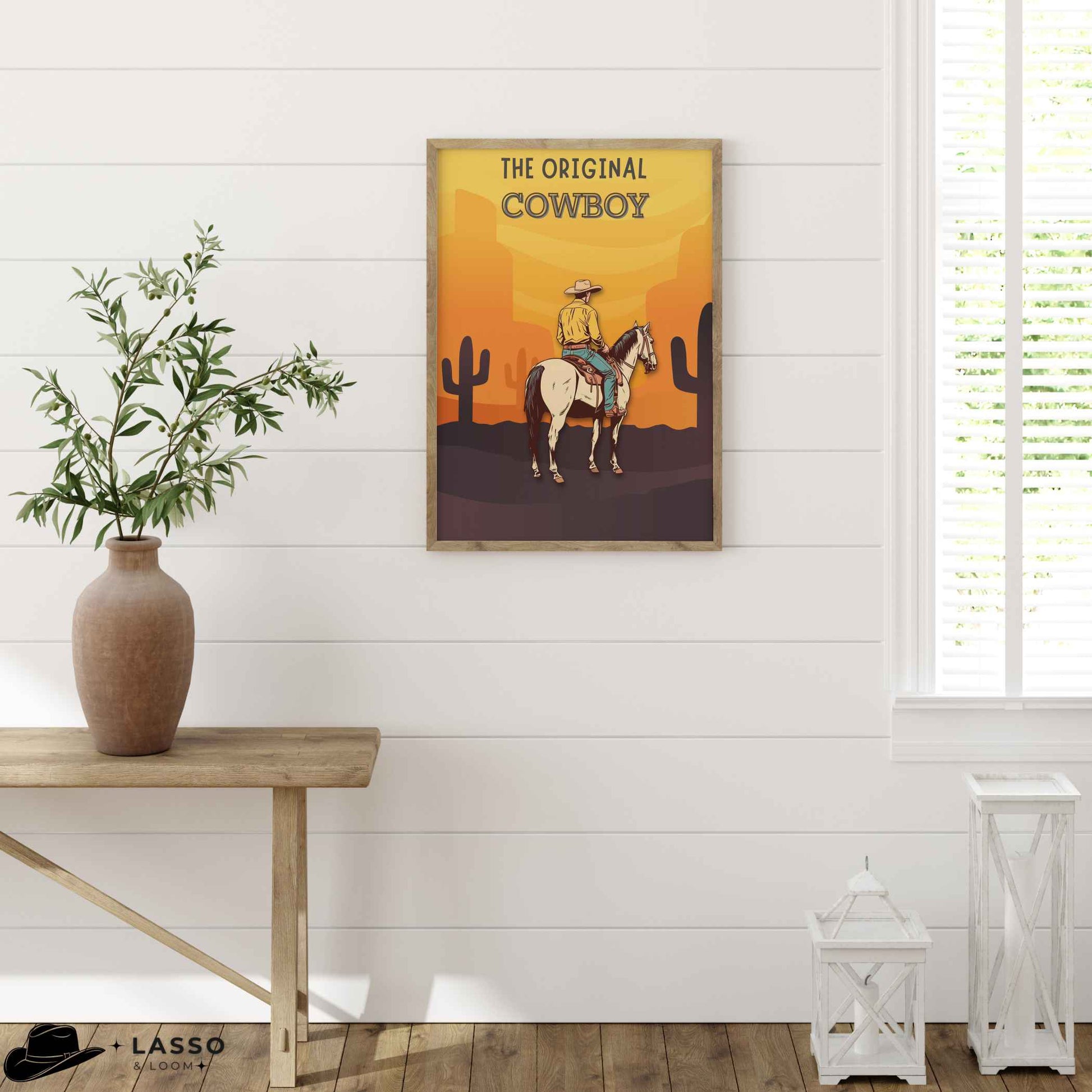 Add a bold aesthetic to your farmhouse with this classic cowboy riding through the desert. Available in 11 sizes. #CowboyWallArt #SouthwestStyle