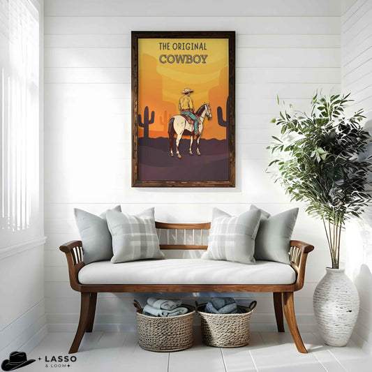 Bring home rustic charm with our mid-century cowboy print – a timeless piece for western style lovers. Perfect for farmhouse or country homes. #WesternDecor #RusticArt