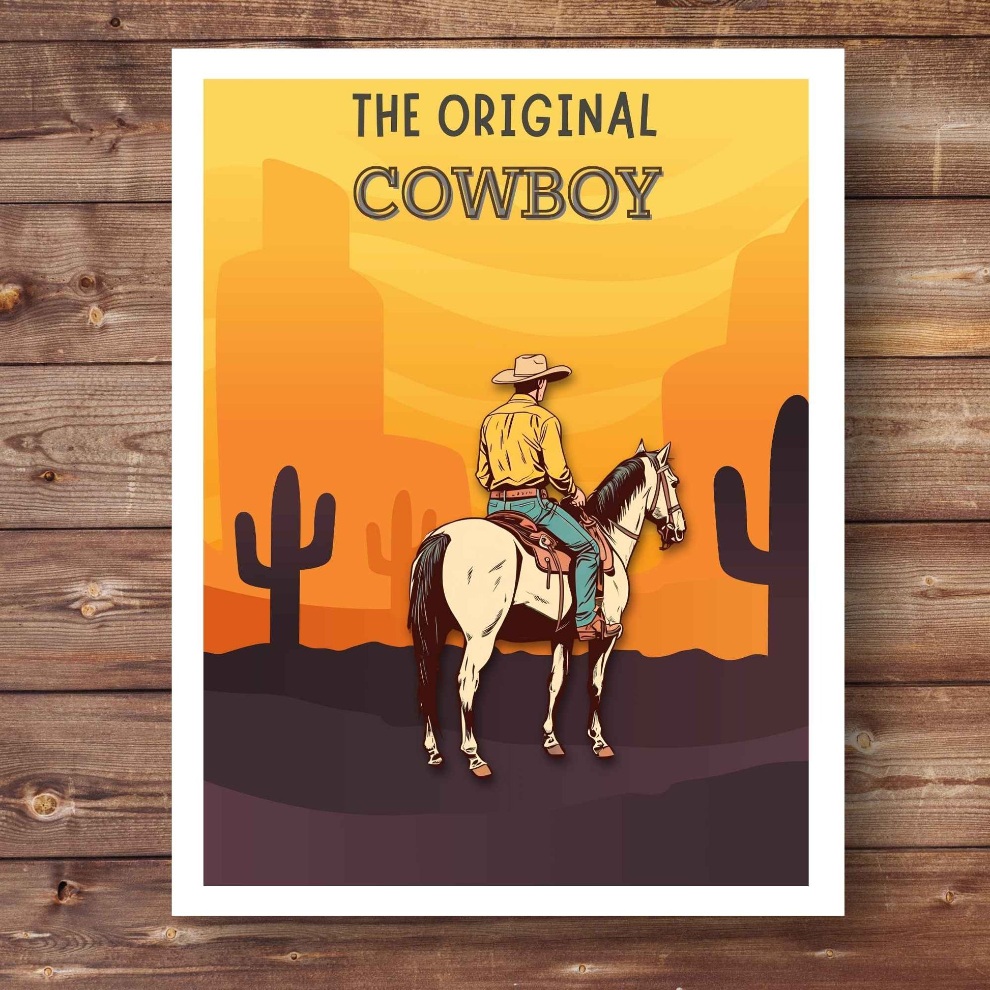 This original cowboy print captures the rugged charm of western art with a horseback rider in the desert. Ideal for horse lovers and western home décor. #CowboyArt #WesternWallPrint