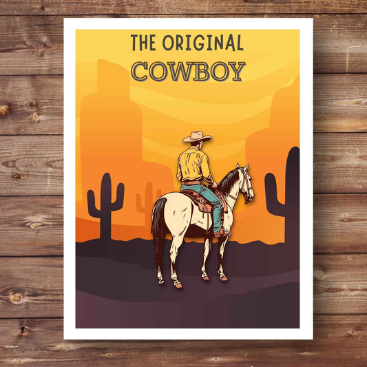 This original cowboy print captures the rugged charm of western art with a horseback rider in the desert. Ideal for horse lovers and western home décor. #CowboyArt #WesternWallPrint