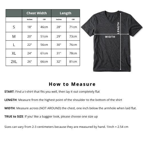 V-Neck tee size guide showing how to measure your t-shirt to order best size to match customer size.