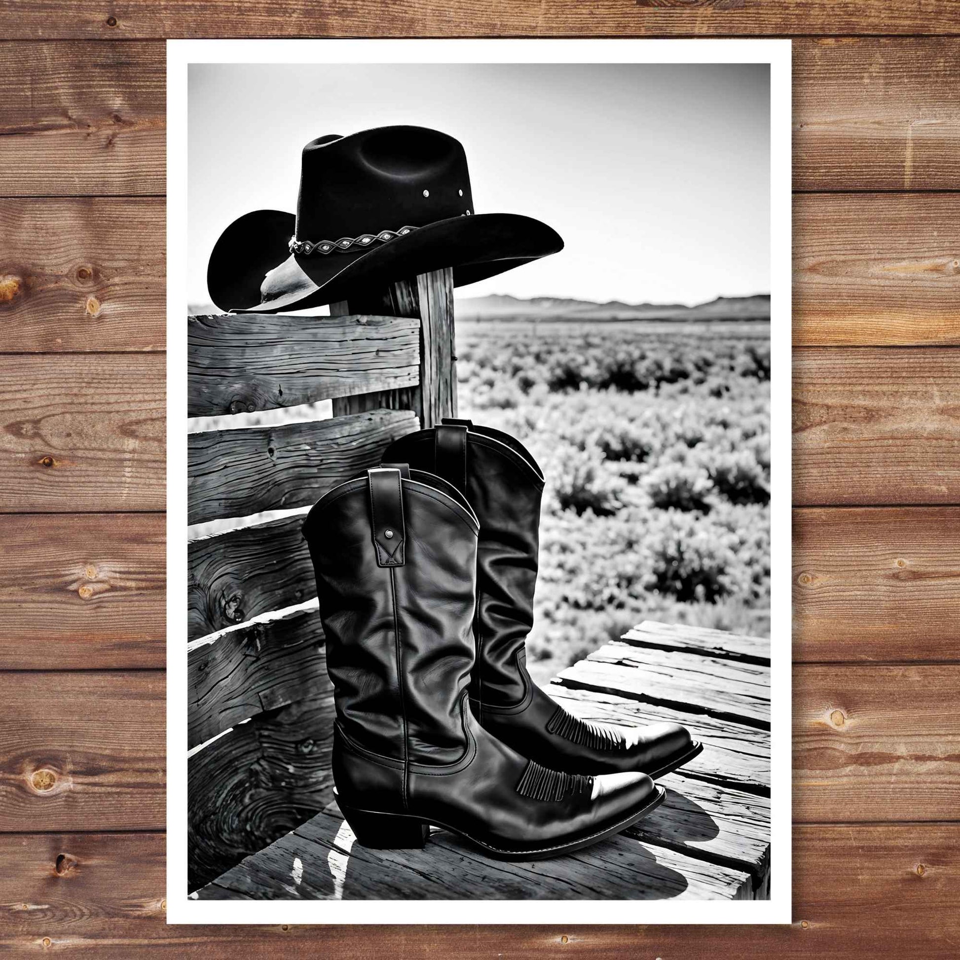 Black cowboy hat and boots on a wooden fence with a desert landscape in the background