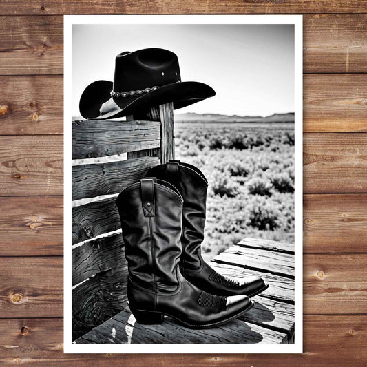 Black cowboy hat and boots on a wooden fence with a desert landscape in the background