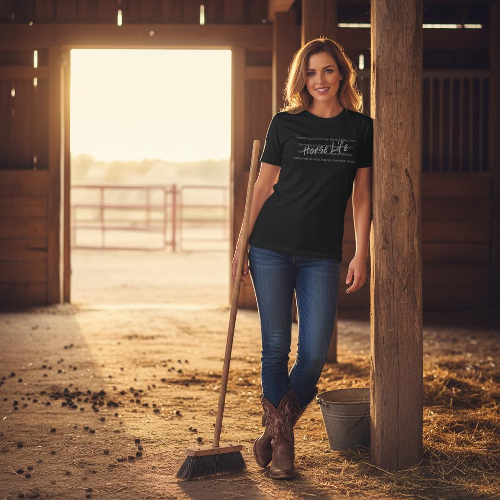 woman wearing Horse Life Words T-Shirt, Horse Lover Tee, Western Style Cowgirl Shirt, Equine T-Shirts, Cowboy Graphic Tee