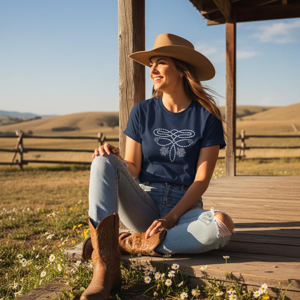 cowgirl wearing navy blue Boot Stitch Flower T-Shirt, Cowgirl Shirt, Western Tees, equine t-shirts