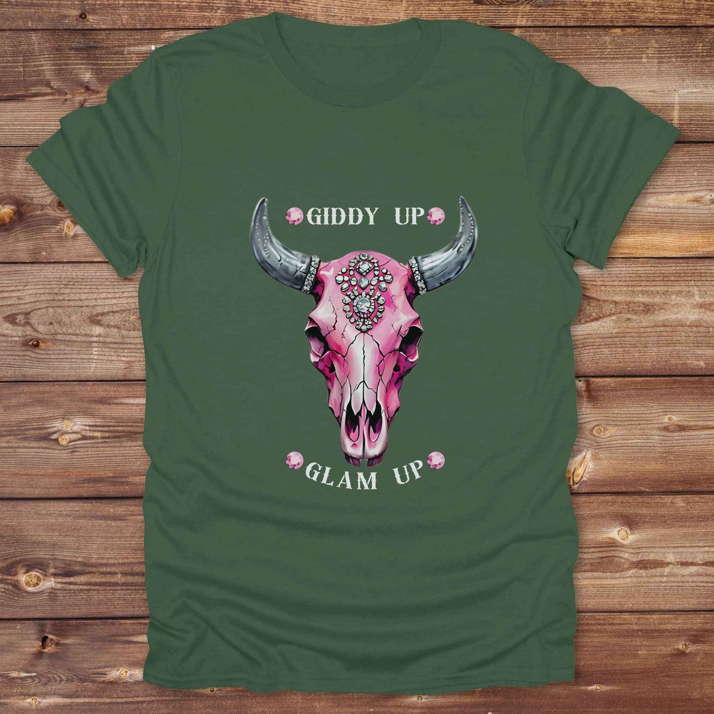 Fun western t-shirt for horse lovers and cowgirls. Western cowgirl graphic tee with horse design. Cowboy humor t-shirt for rodeo and country lovers. Horse lover funny t-shirt with western theme. Country style horse graphic tee for cowboys and cowgirls. Retro style funny western shirt for equestrians. Cute and funny country shirt with horse print. Southern cowgirl funny quote shirt for horse lovers. List of Things I Want. Giddy up Glam Up Longhorn Skull with pink rhinestones.