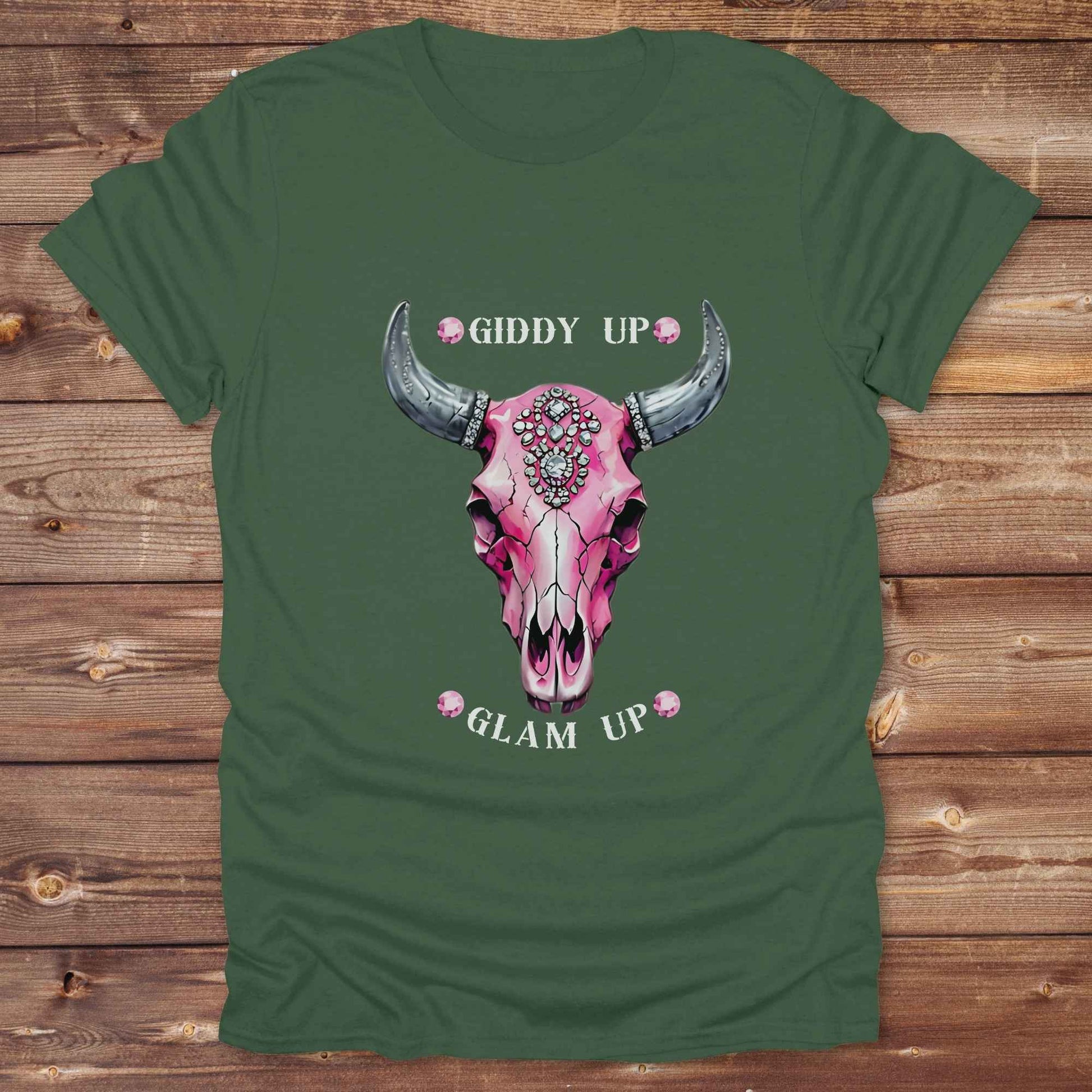 Fun western t-shirt for horse lovers and cowgirls. Western cowgirl graphic tee with horse design. Cowboy humor t-shirt for rodeo and country lovers. Horse lover funny t-shirt with western theme. Country style horse graphic tee for cowboys and cowgirls. Retro style funny western shirt for equestrians. Cute and funny country shirt with horse print. Southern cowgirl funny quote shirt for horse lovers. List of Things I Want. Giddy up Glam Up Longhorn Skull with pink rhinestones.