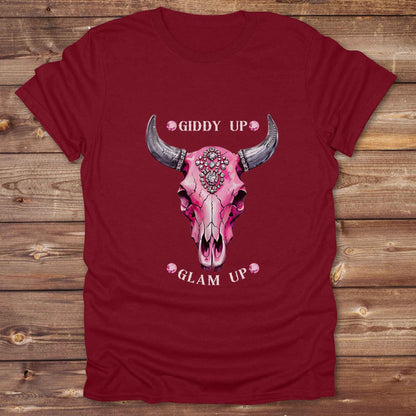 Fun western t-shirt for horse lovers and cowgirls. Western cowgirl graphic tee with horse design. Cowboy humor t-shirt for rodeo and country lovers. Horse lover funny t-shirt with western theme. Country style horse graphic tee for cowboys and cowgirls. Retro style funny western shirt for equestrians. Cute and funny country shirt with horse print. Southern cowgirl funny quote shirt for horse lovers. List of Things I Want. Giddy up Glam Up Longhorn Skull with pink rhinestones.