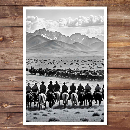 black and white photo of cattle drive in america