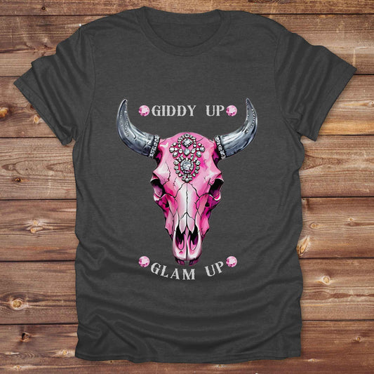 dark heather grey Giddy Up Glam Up Pink Skull T-Shirt, Horse Lover Tee, Western Style Cowgirl Shirt