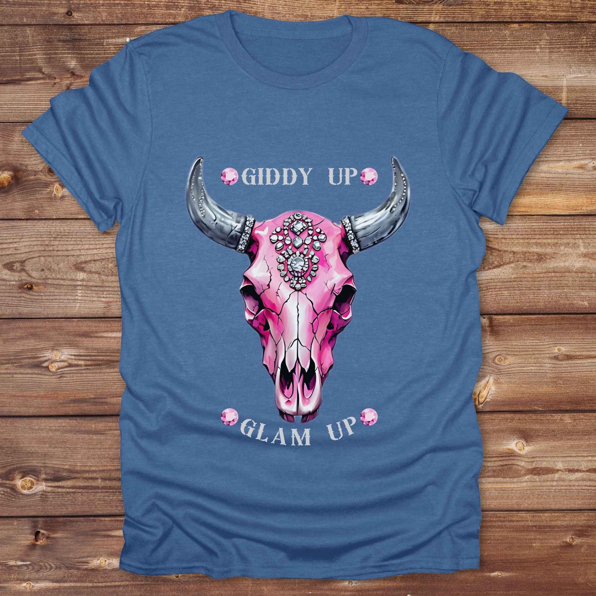 heather royal blue Giddy Up Glam Up Pink Skull T-Shirt, Horse Lover Tee, Western Style Cowgirl Shirt