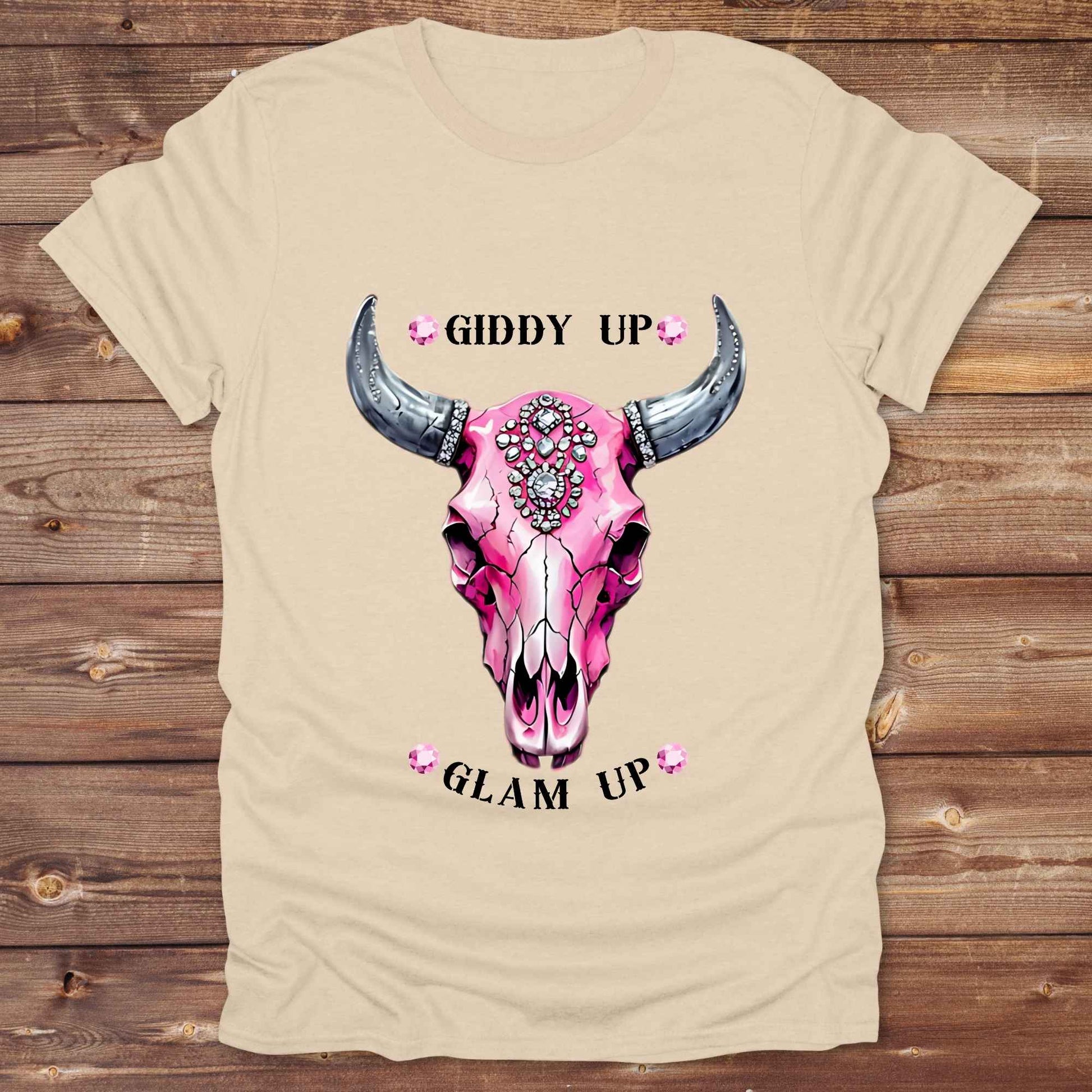 sand Giddy Up Glam Up Pink Skull T-Shirt, Horse Lover Tee, Western Style Cowgirl Shirt