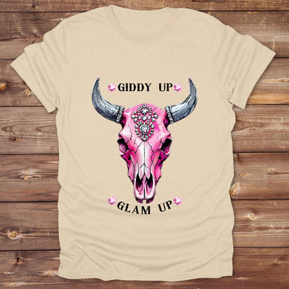 sand Giddy Up Glam Up Pink Skull T-Shirt, Horse Lover Tee, Western Style Cowgirl Shirt