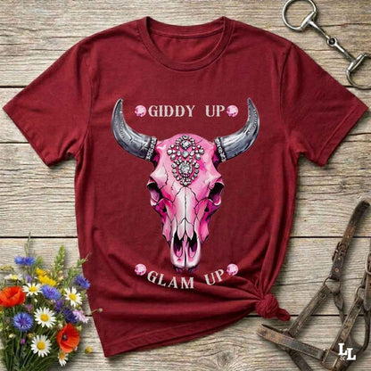 red Fun western t-shirt for horse lovers and cowgirls. Western cowgirl graphic tee with horse design. Cowboy humor t-shirt for rodeo and country lovers. Horse lover funny t-shirt with western theme. Country style horse graphic tee for cowboys and cowgirls. Retro style funny western shirt for equestrians. Cute and funny country shirt with horse print. Southern cowgirl funny quote shirt for horse lovers. List of Things I Want. Giddy up Glam Up Longhorn Skull with pink rhinestones.