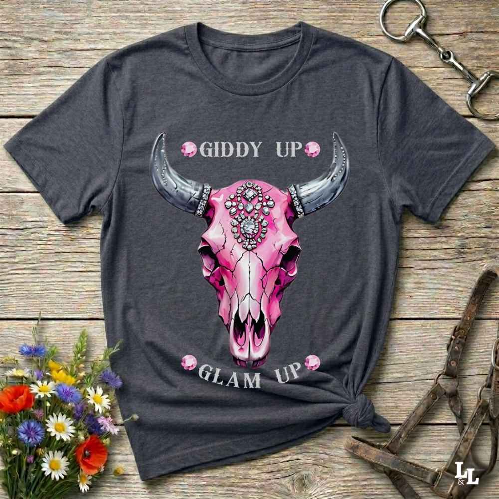 gray Fun western t-shirt for horse lovers and cowgirls. Western cowgirl graphic tee with horse design. Cowboy humor t-shirt for rodeo and country lovers. Horse lover funny t-shirt with western theme. Country style horse graphic tee for cowboys and cowgirls. Retro style funny western shirt for equestrians. Cute and funny country shirt with horse print. Southern cowgirl funny quote shirt for horse lovers. List of Things I Want. Giddy up Glam Up Longhorn Skull with pink rhinestones.