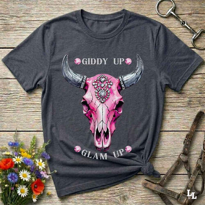 gray Fun western t-shirt for horse lovers and cowgirls. Western cowgirl graphic tee with horse design. Cowboy humor t-shirt for rodeo and country lovers. Horse lover funny t-shirt with western theme. Country style horse graphic tee for cowboys and cowgirls. Retro style funny western shirt for equestrians. Cute and funny country shirt with horse print. Southern cowgirl funny quote shirt for horse lovers. List of Things I Want. Giddy up Glam Up Longhorn Skull with pink rhinestones.
