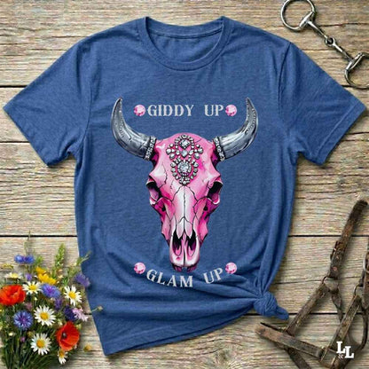 blue Fun western t-shirt for horse lovers and cowgirls. Western cowgirl graphic tee with horse design. Cowboy humor t-shirt for rodeo and country lovers. Horse lover funny t-shirt with western theme. Country style horse graphic tee for cowboys and cowgirls. Retro style funny western shirt for equestrians. Cute and funny country shirt with horse print. Southern cowgirl funny quote shirt for horse lovers. List of Things I Want. Giddy up Glam Up Longhorn Skull with pink rhinestones.
