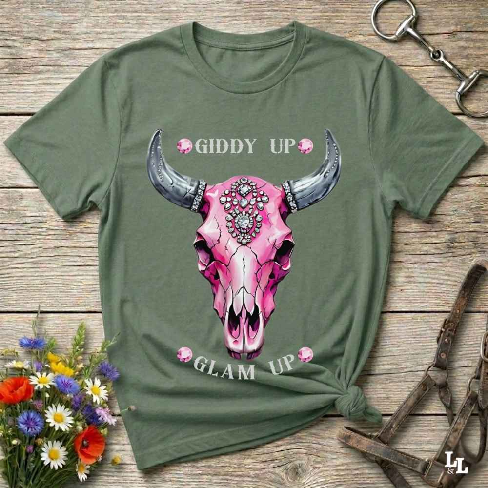 green Fun western t-shirt for horse lovers and cowgirls. Western cowgirl graphic tee with horse design. Cowboy humor t-shirt for rodeo and country lovers. Horse lover funny t-shirt with western theme. Country style horse graphic tee for cowboys and cowgirls. Retro style funny western shirt for equestrians. Cute and funny country shirt with horse print. Southern cowgirl funny quote shirt for horse lovers. List of Things I Want. Giddy up Glam Up Longhorn Skull with pink rhinestones.
