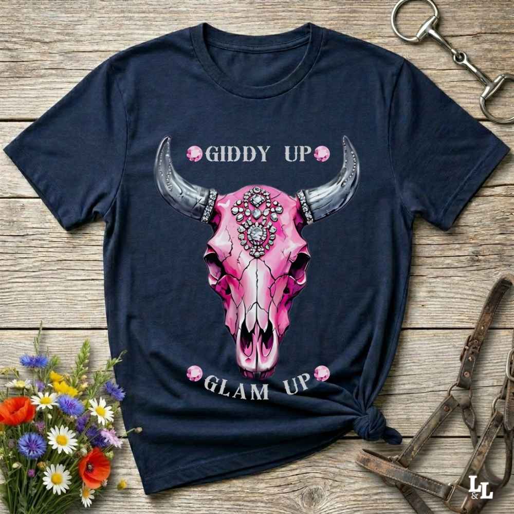 navy blue Fun western t-shirt for horse lovers and cowgirls. Western cowgirl graphic tee with horse design. Cowboy humor t-shirt for rodeo and country lovers. Horse lover funny t-shirt with western theme. Country style horse graphic tee for cowboys and cowgirls. Retro style funny western shirt for equestrians. Cute and funny country shirt with horse print. Southern cowgirl funny quote shirt for horse lovers. List of Things I Want. Giddy up Glam Up Longhorn Skull with pink rhinestones.