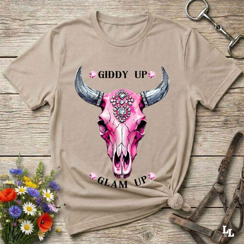 beige Fun western t-shirt for horse lovers and cowgirls. Western cowgirl graphic tee with horse design. Cowboy humor t-shirt for rodeo and country lovers. Horse lover funny t-shirt with western theme. Country style horse graphic tee for cowboys and cowgirls. Retro style funny western shirt for equestrians. Cute and funny country shirt with horse print. Southern cowgirl funny quote shirt for horse lovers. List of Things I Want. Giddy up Glam Up Longhorn Skull with pink rhinestones.