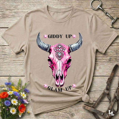 beige Fun western t-shirt for horse lovers and cowgirls. Western cowgirl graphic tee with horse design. Cowboy humor t-shirt for rodeo and country lovers. Horse lover funny t-shirt with western theme. Country style horse graphic tee for cowboys and cowgirls. Retro style funny western shirt for equestrians. Cute and funny country shirt with horse print. Southern cowgirl funny quote shirt for horse lovers. List of Things I Want. Giddy up Glam Up Longhorn Skull with pink rhinestones.