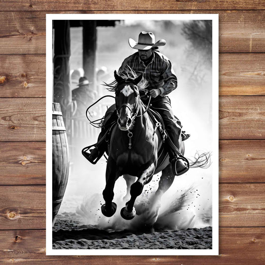 Black and white poster of a cowboy riding a horse on a wooden wall.