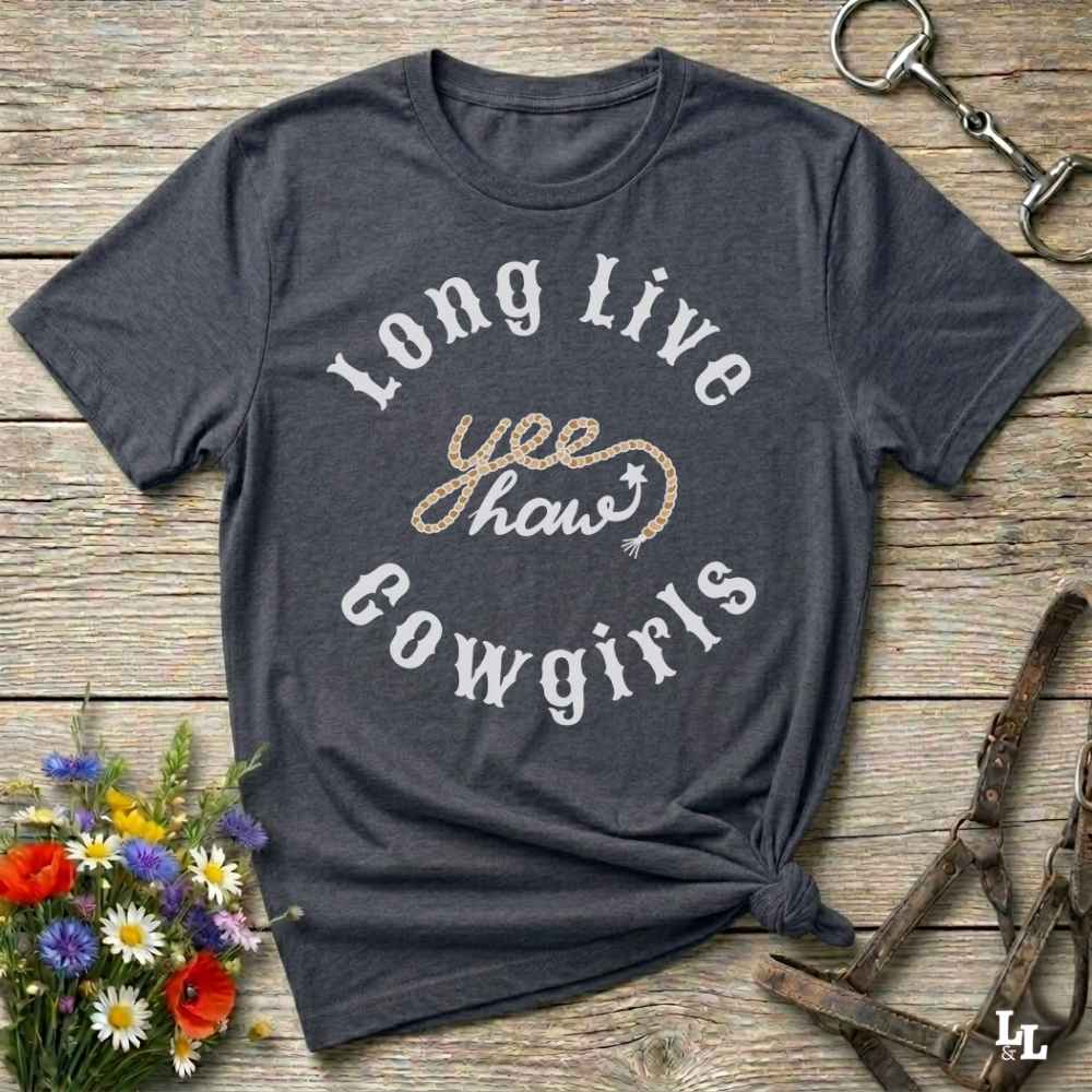 gray Fun western t-shirt for horse lovers and cowgirls. Western cowgirl graphic tee with horse design. Cowboy humor t-shirt for rodeo and country lovers. Horse lover funny t-shirt with western theme. Country style horse graphic tee for cowboys and cowgirls. Retro style funny western shirt for equestrians. Cute and funny country shirt with horse print. Southern cowgirl funny quote shirt for horse lovers. Long live cowgirls Yee Haw.