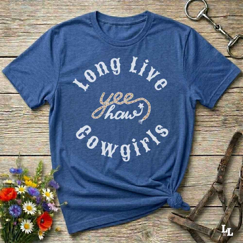 blue Fun western t-shirt for horse lovers and cowgirls. Western cowgirl graphic tee with horse design. Cowboy humor t-shirt for rodeo and country lovers. Horse lover funny t-shirt with western theme. Country style horse graphic tee for cowboys and cowgirls. Retro style funny western shirt for equestrians. Cute and funny country shirt with horse print. Southern cowgirl funny quote shirt for horse lovers. Long live cowgirls Yee Haw.