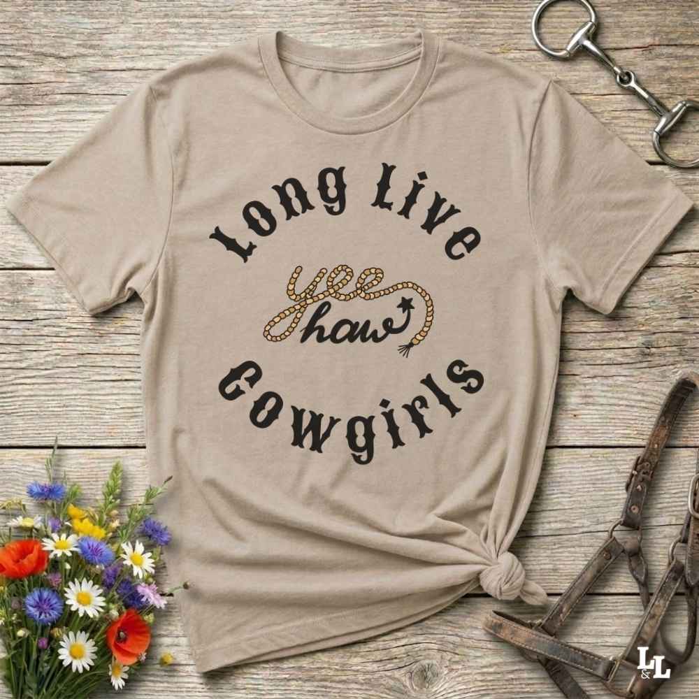 beige Fun western t-shirt for horse lovers and cowgirls. Western cowgirl graphic tee with horse design. Cowboy humor t-shirt for rodeo and country lovers. Horse lover funny t-shirt with western theme. Country style horse graphic tee for cowboys and cowgirls. Retro style funny western shirt for equestrians. Cute and funny country shirt with horse print. Southern cowgirl funny quote shirt for horse lovers. Long live cowgirls Yee Haw.