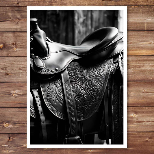 black and white photo of a western saddle