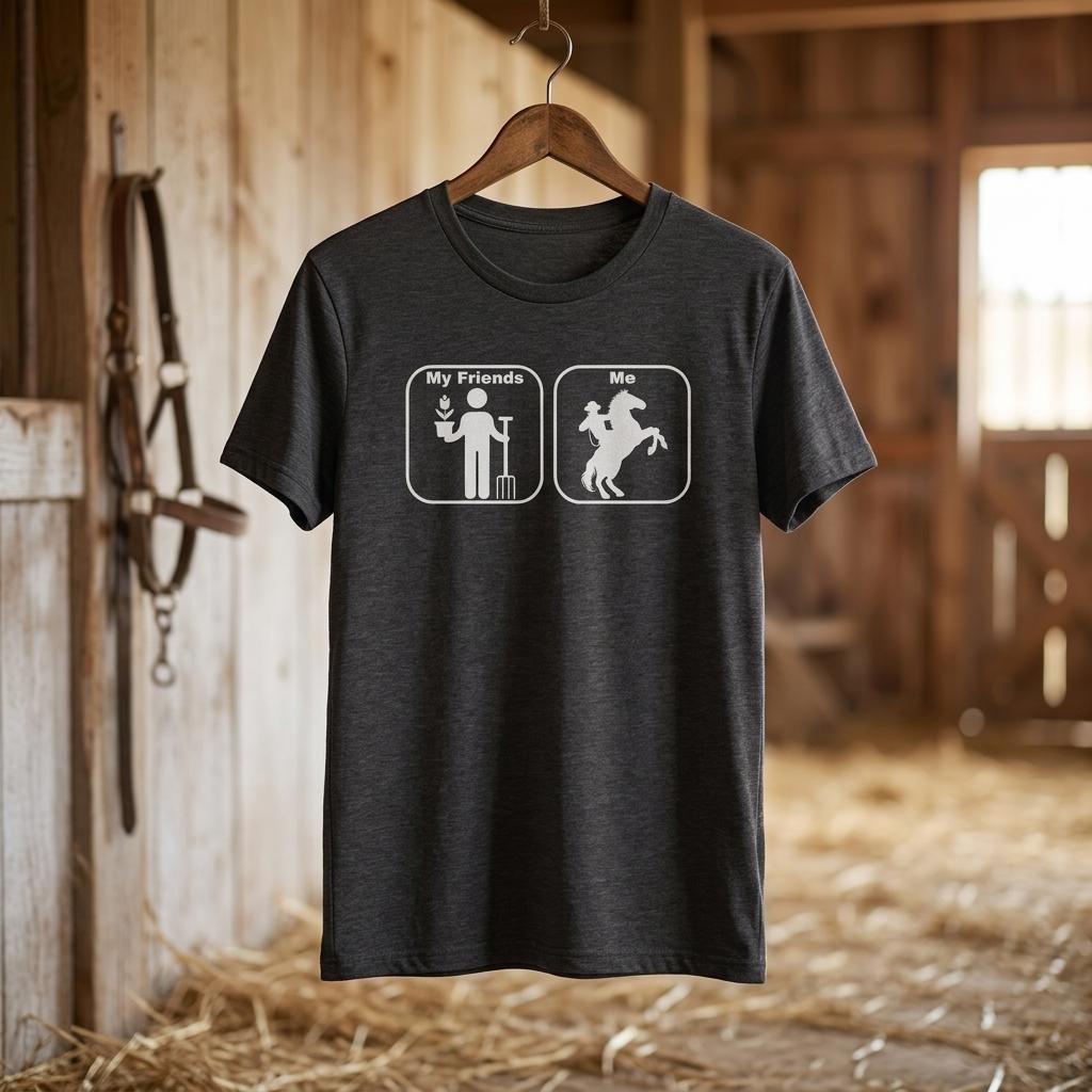 Gray  t-shirt with graphic design hanging on a wooden hanger in a barn setting. Age Appropriate T-Shirt Funny T-Shirt for Horse Lover, Western Tee Cowgirl Shirt