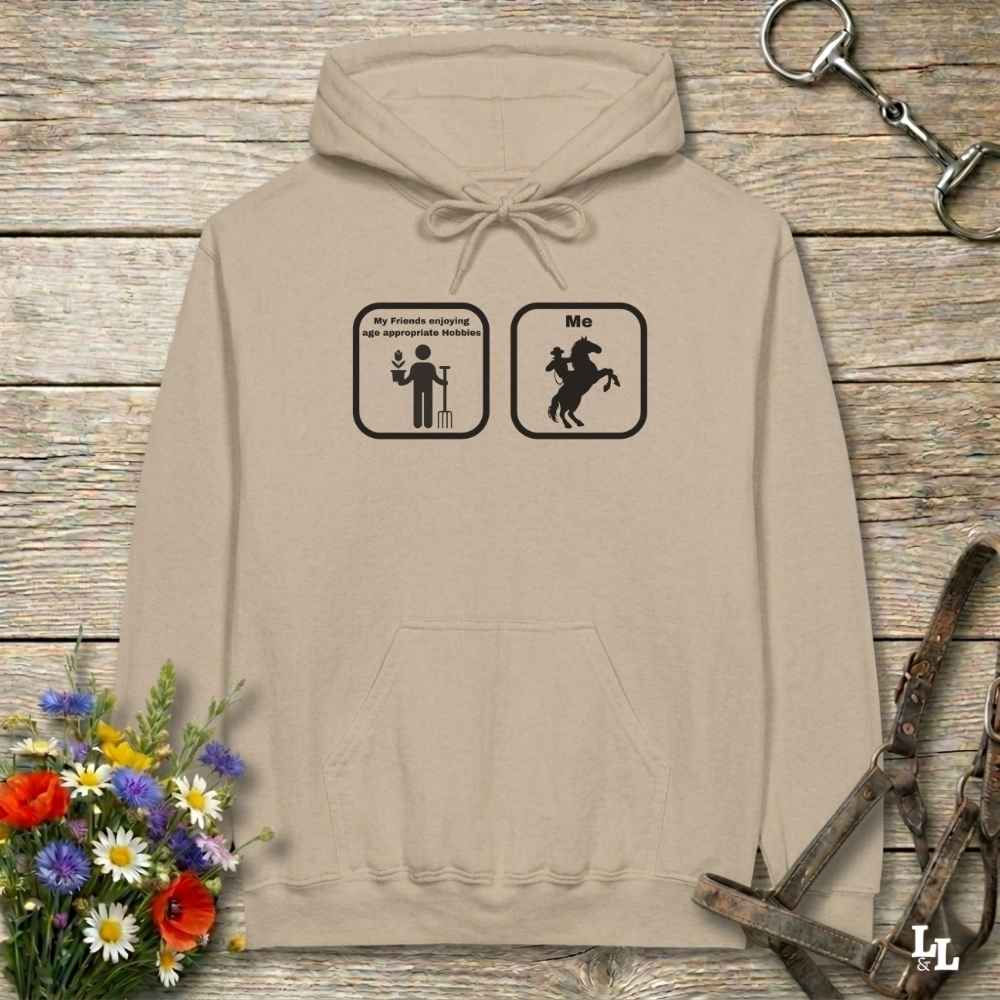 beige Age Appropriate Hobbies Hoodie. Horse Rider Hoodie for Equestrians.