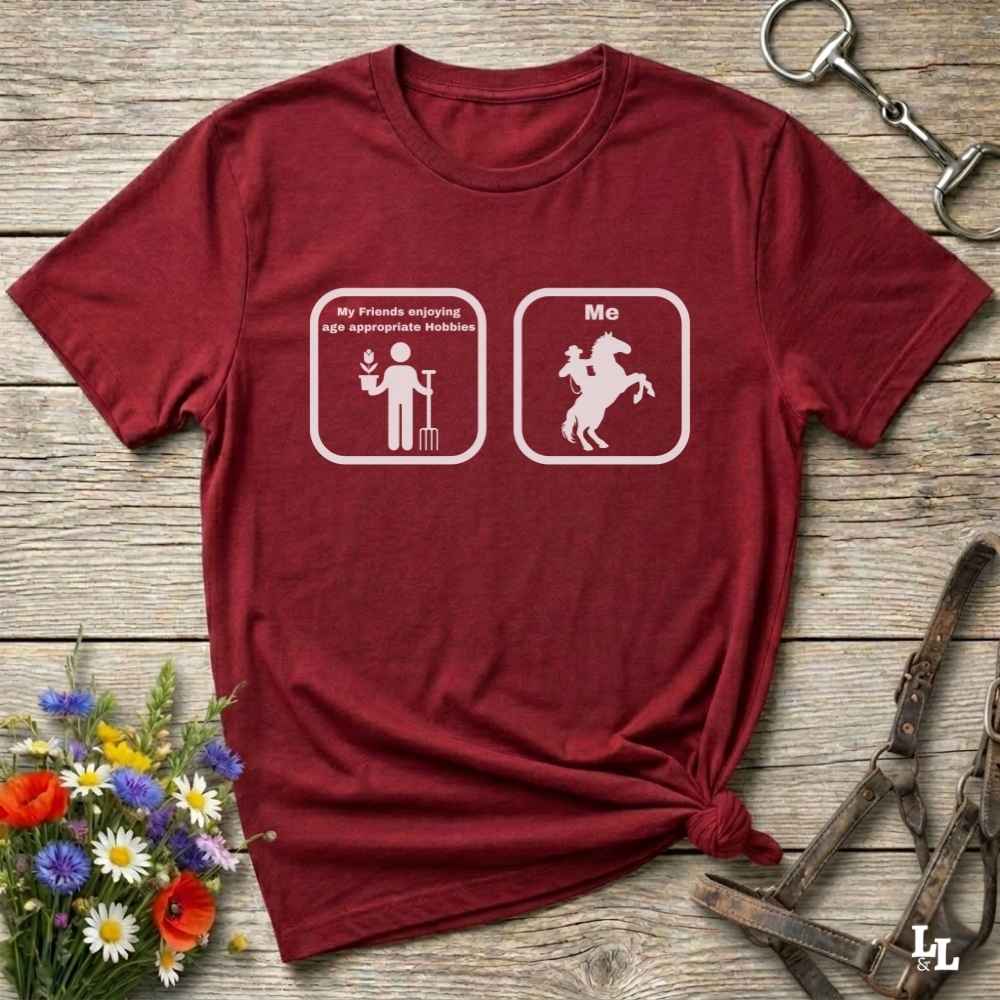 red Fun western t-shirt for horse lovers and cowgirls. Western cowgirl graphic tee with horse design. Cowboy humor t-shirt for rodeo and country lovers. Horse lover funny t-shirt with western theme. Country style horse graphic tee for cowboys and cowgirls. Retro style funny western shirt for equestrians. Cute and funny country shirt with horse print. Southern cowgirl funny quote shirt for horse lovers. Age appropriate hobbies.