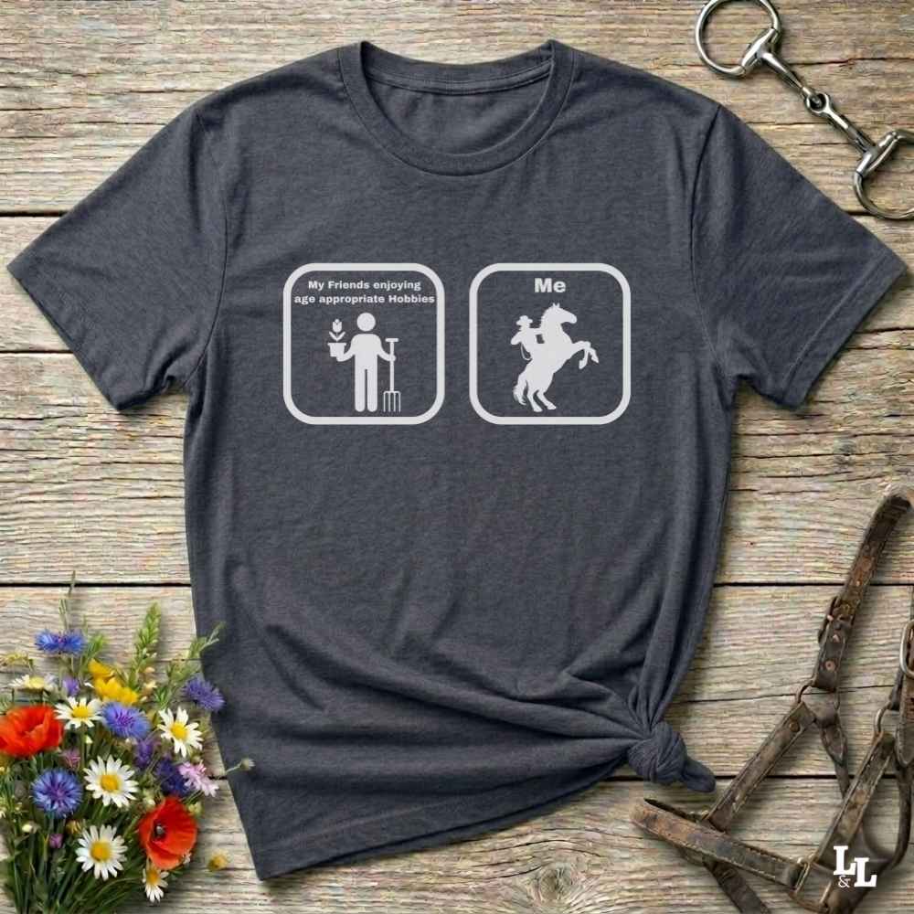 gray Fun western t-shirt for horse lovers and cowgirls. Western cowgirl graphic tee with horse design. Cowboy humor t-shirt for rodeo and country lovers. Horse lover funny t-shirt with western theme. Country style horse graphic tee for cowboys and cowgirls. Retro style funny western shirt for equestrians. Cute and funny country shirt with horse print. Southern cowgirl funny quote shirt for horse lovers. Age appropriate hobbies.