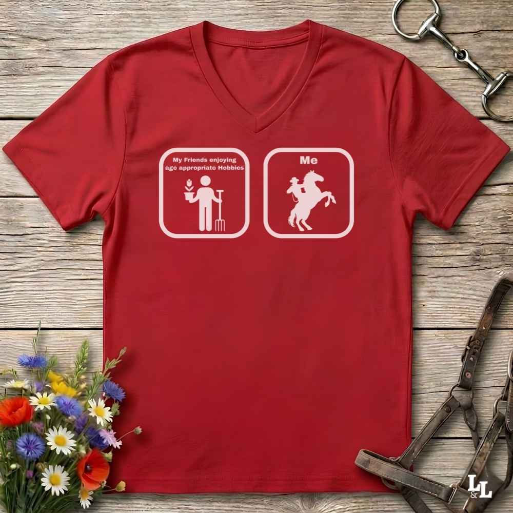 Red V-neck tee with Age Appropriate Design on the front